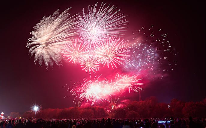 Fireworks display at Alexandra Palace Fireworks Festival with crowd watching.
