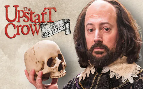 Actor in period costume holding a skull, promoting Upstart Crow comedy by Ben Elton.