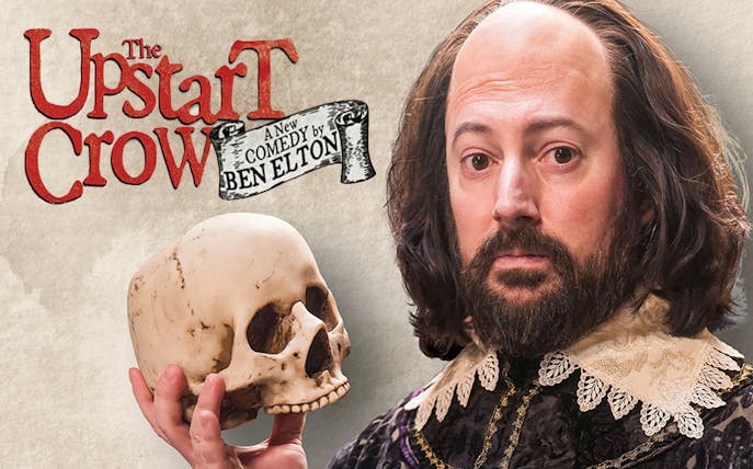 Actor in period costume holding a skull, promoting Upstart Crow comedy by Ben Elton.