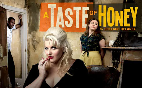 Theater poster for "A Taste of Honey" by Shelagh Delaney featuring three characters in a room.