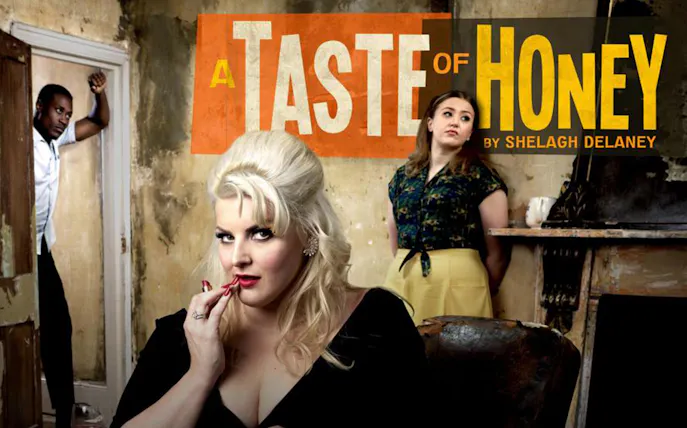 Theater poster for "A Taste of Honey" by Shelagh Delaney featuring three characters in a room.