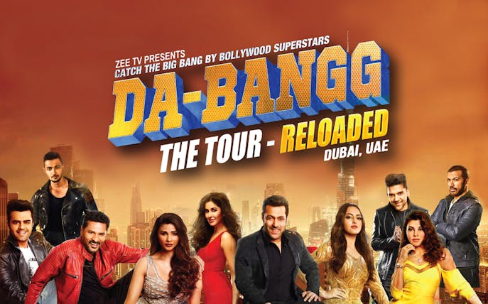 DA-BANGG The Tour - Reloaded poster featuring Bollywood stars at Coca-Cola Arena, Dubai.