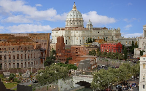 Miniatur Wunderland model of Rome with Colosseum and St. Peter's Basilica.