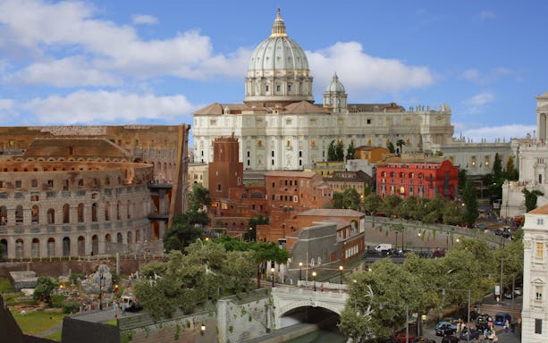 Miniatur Wunderland model of Rome with Colosseum and St. Peter's Basilica.