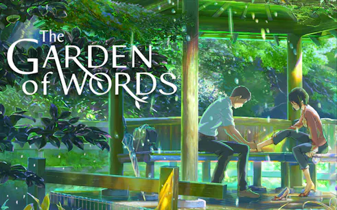 Two people sitting in a lush garden pavilion, surrounded by greenery and rain, from "The Garden of Words.