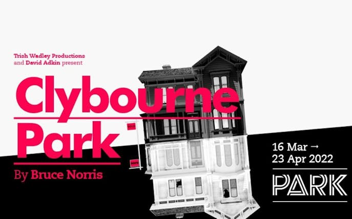 Clybourne Park play poster with house graphic and show dates.