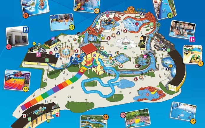 Map of Splash Jungle Waterpark with slides, pools, and attractions.