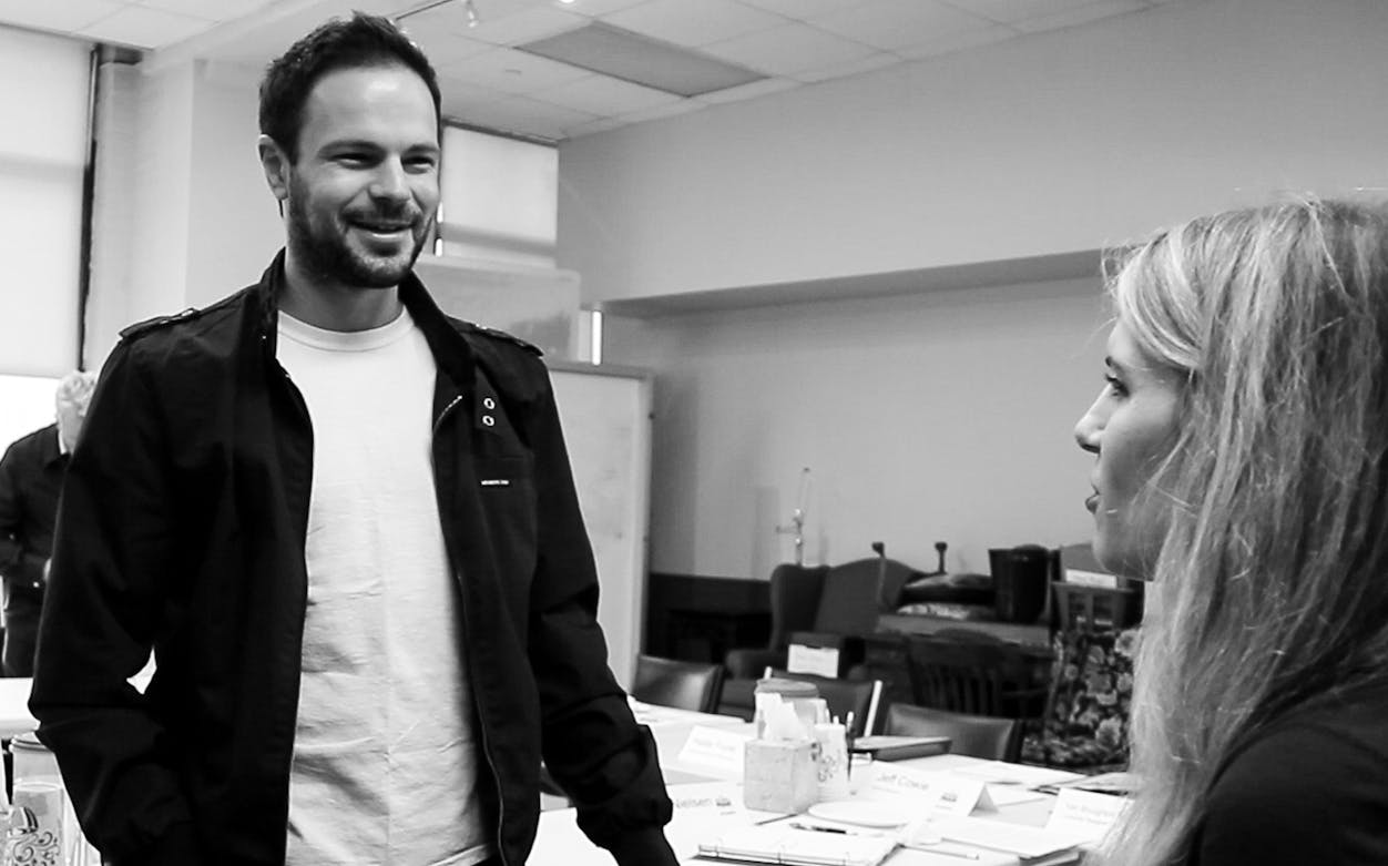 Man and woman in discussion during a rehearsal for "The Young Man from Atlanta.