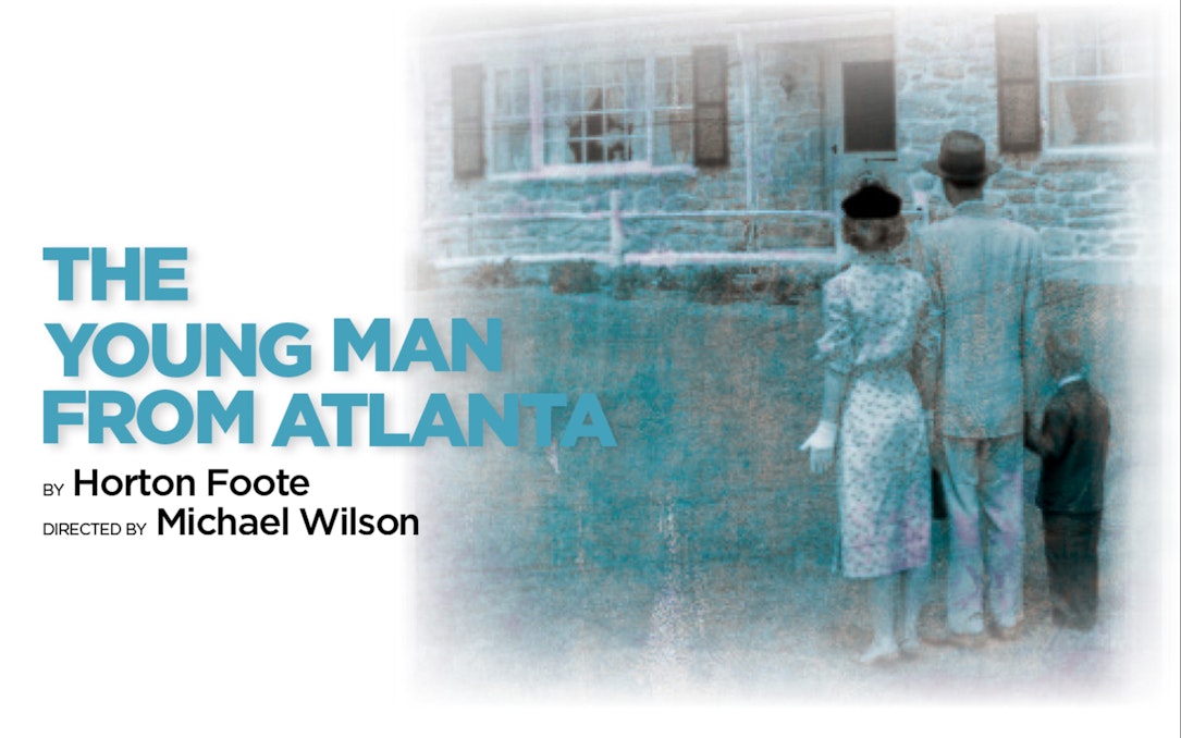 The Young Man from Atlanta" play poster with a couple and child facing a house.