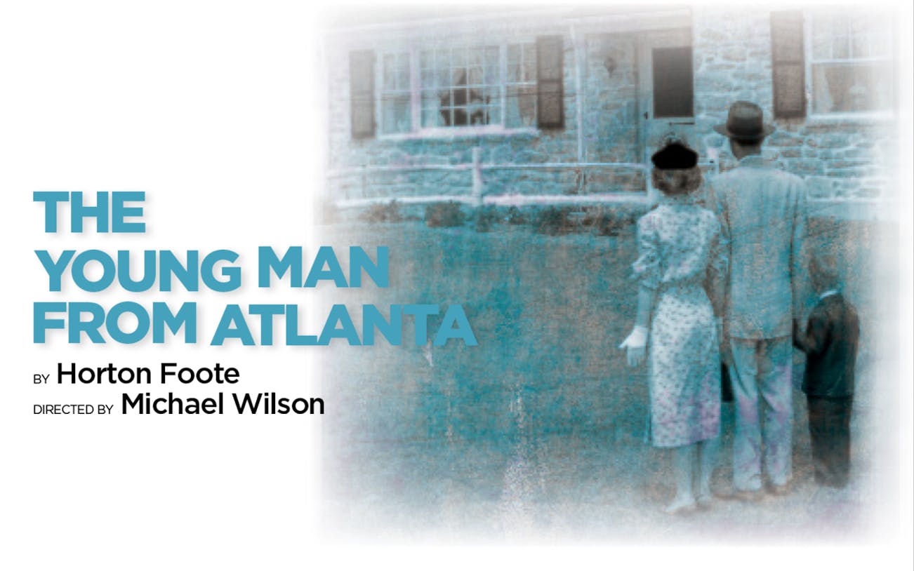 The Young Man from Atlanta" play poster with a couple and child facing a house.
