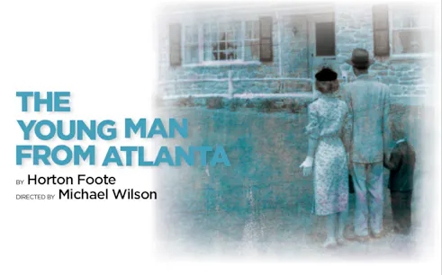 The Young Man from Atlanta" play poster with a couple and child facing a house.