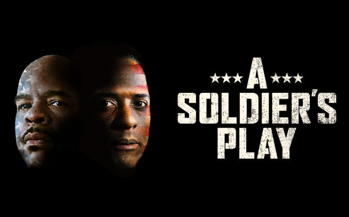 Two faces with American flag overlay next to 'A Soldier's Play' text.