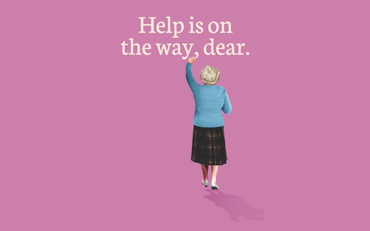 Elderly figure in blue sweater pointing at text "Help is on the way, dear" on pink background.