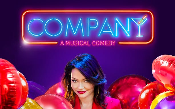 Neon sign for "Company: A Musical Comedy" with colorful balloons.
