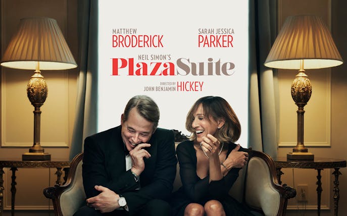 Actors seated in a luxurious room with Plaza Suite title in the background.