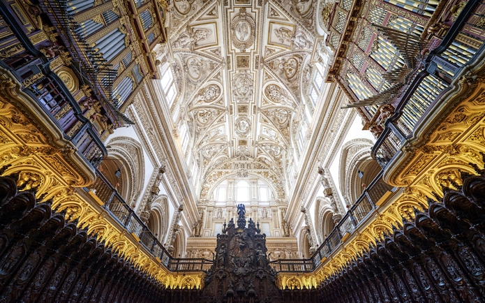 Ceiling and organ pipes inside Cordoba Mosque-Cathedral, Spain.