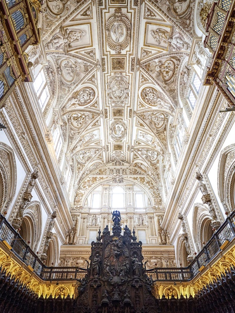 Ceiling and organ pipes inside Cordoba Mosque-Cathedral, Spain.