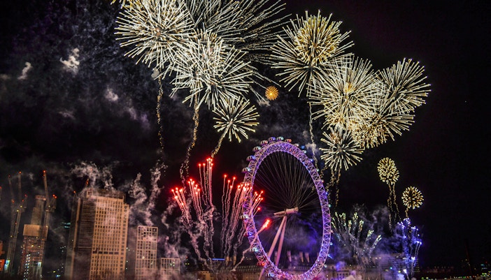 Fireworks over the London Eye during New Year’s Eve cruise.