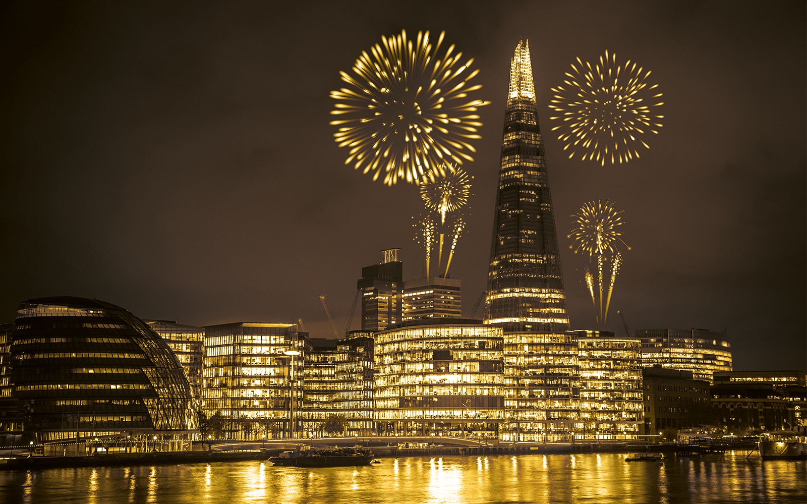 Fireworks over The Shard in London during New Year's Eve celebration.