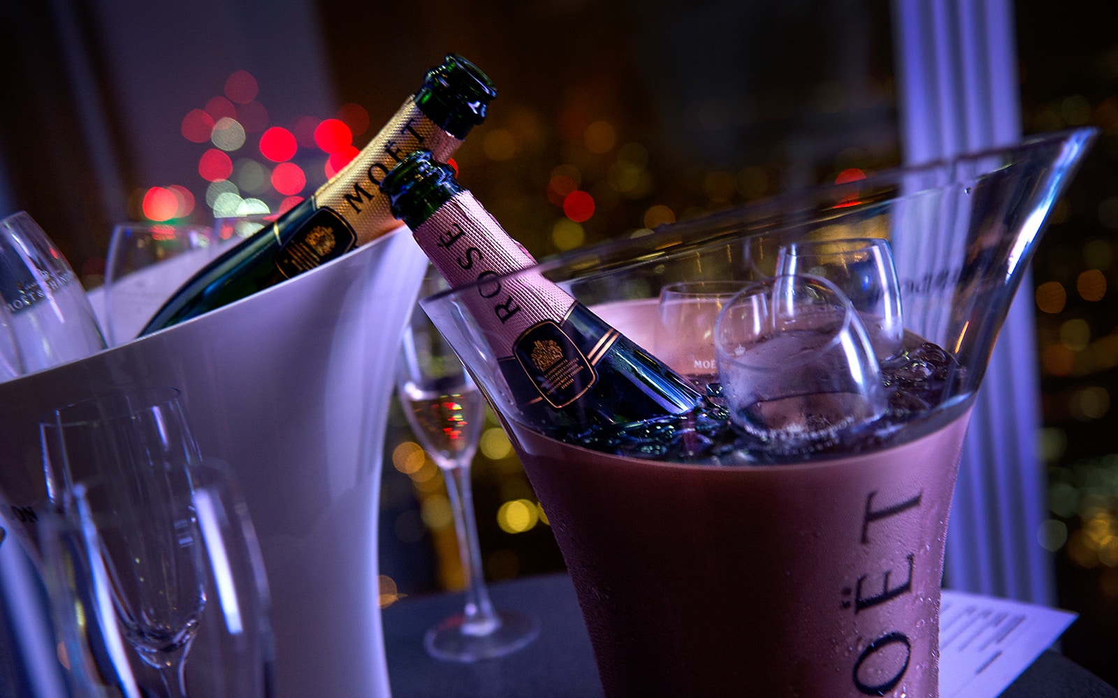 Champagne bottles in ice bucket at The Shard New Year's Eve party, London.