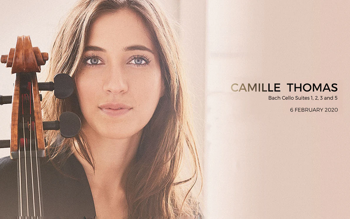 Cellist with instrument, Camille Thomas, Bach Cello Suites performance.