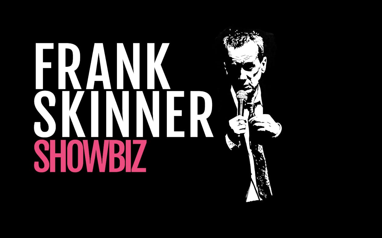 Frank Skinner holding a microphone with "Showbiz" text.