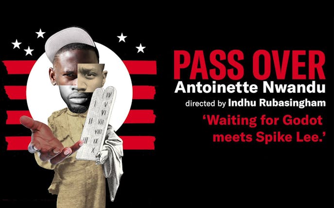 Pass Over play poster with collage of a man holding tablets, directed by Indhu Rubasingham.