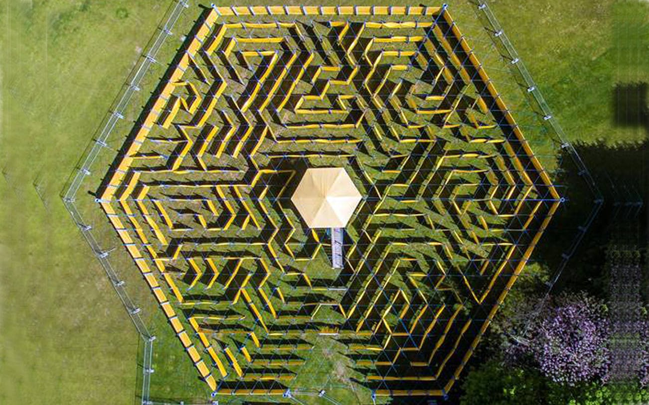 Hexagonal aerial view of The Wonder Maze, the world’s largest mobile maze.