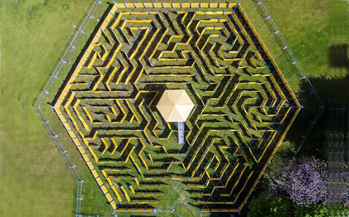 Hexagonal aerial view of The Wonder Maze, the world’s largest mobile maze.
