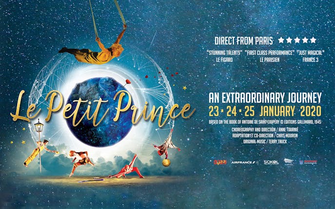 Le Petit Prince show poster with acrobats and celestial theme, January 2020 dates.