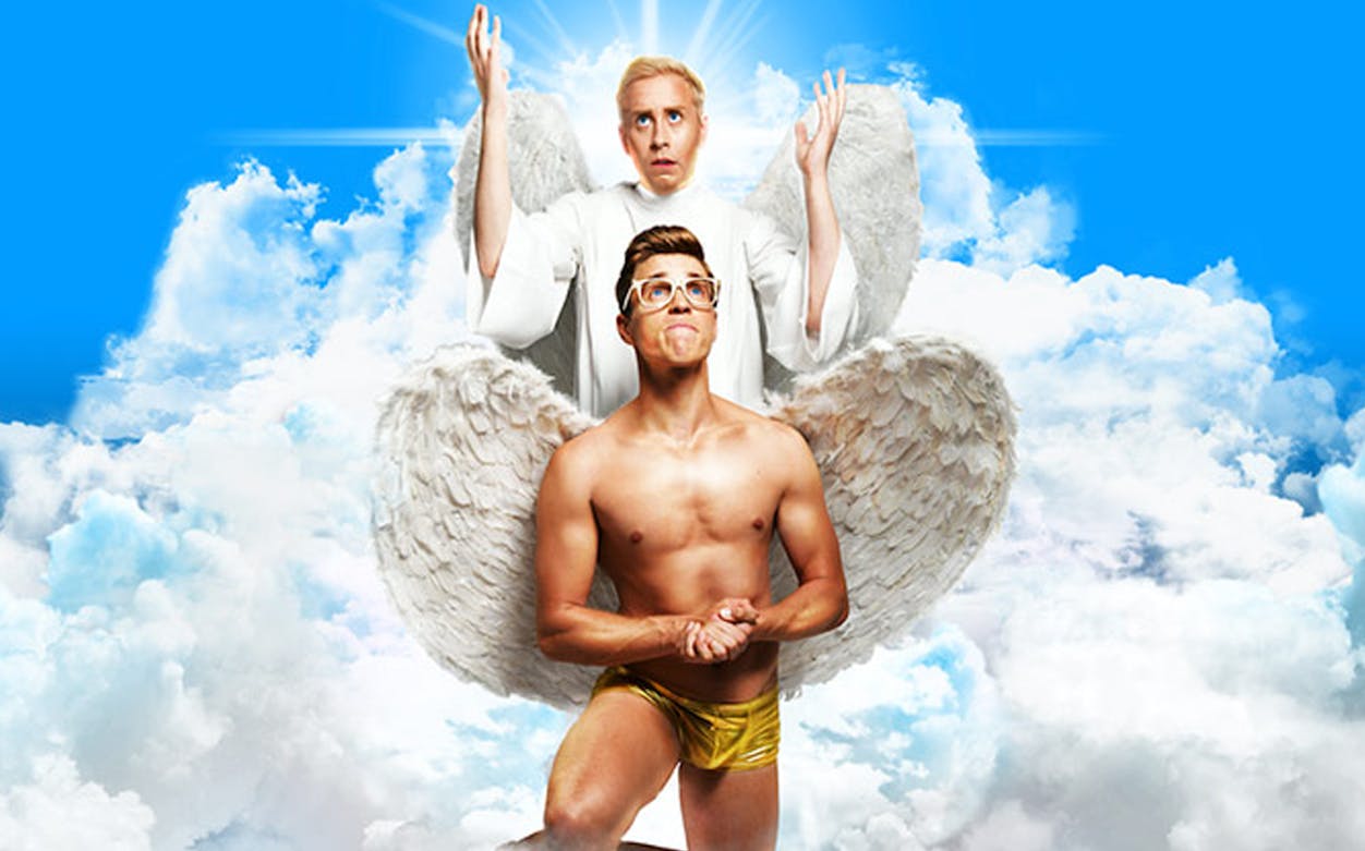 Two people dressed as angels in a cloud-filled sky, related to "An Act of God.