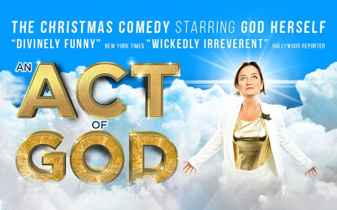 An Act of God comedy poster with person in white suit among clouds.