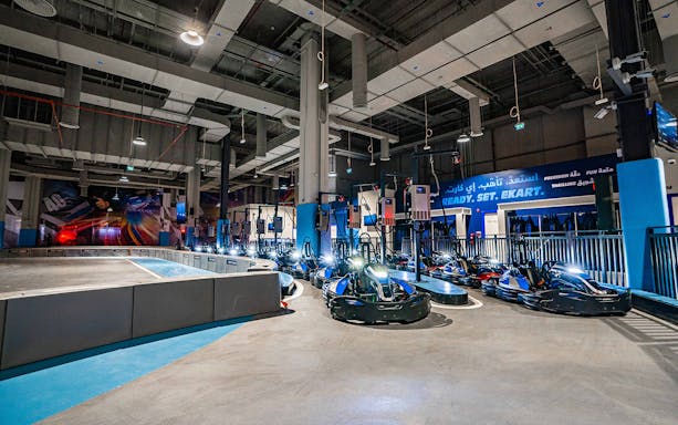 Go-karts lined up at EKart Zabeel Karting Zone, Dubai Mall indoor track.
