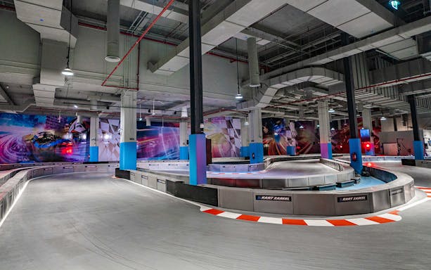 Indoor karting track at EKart Zabeel Karting Zone, Dubai Mall.