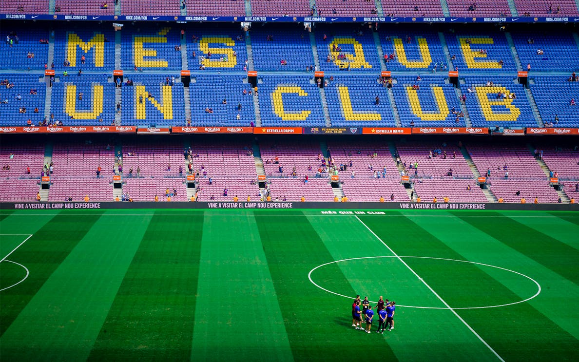 Camp Nou stadium with FC Barcelona vs RCD Mallorca banner.