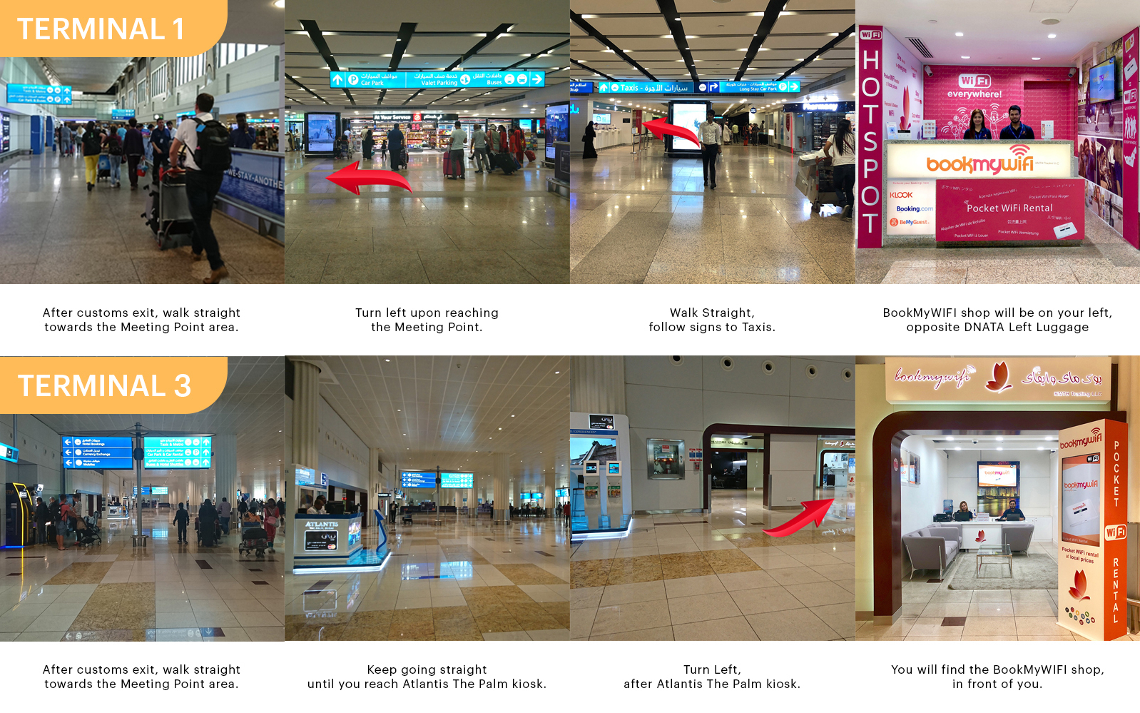Dubai airport directions to BookMyWIFI shop for City Sightseeing Dubai pass pickup.