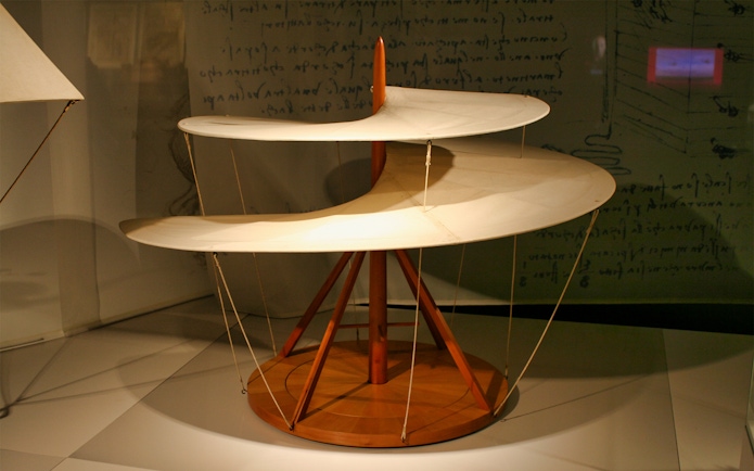 Leonardo Da Vinci Museum exhibit of a helical aerial screw model with audioguide.