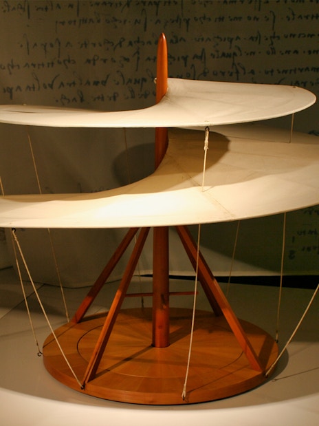 Leonardo Da Vinci Museum exhibit of a helical aerial screw model with audioguide.