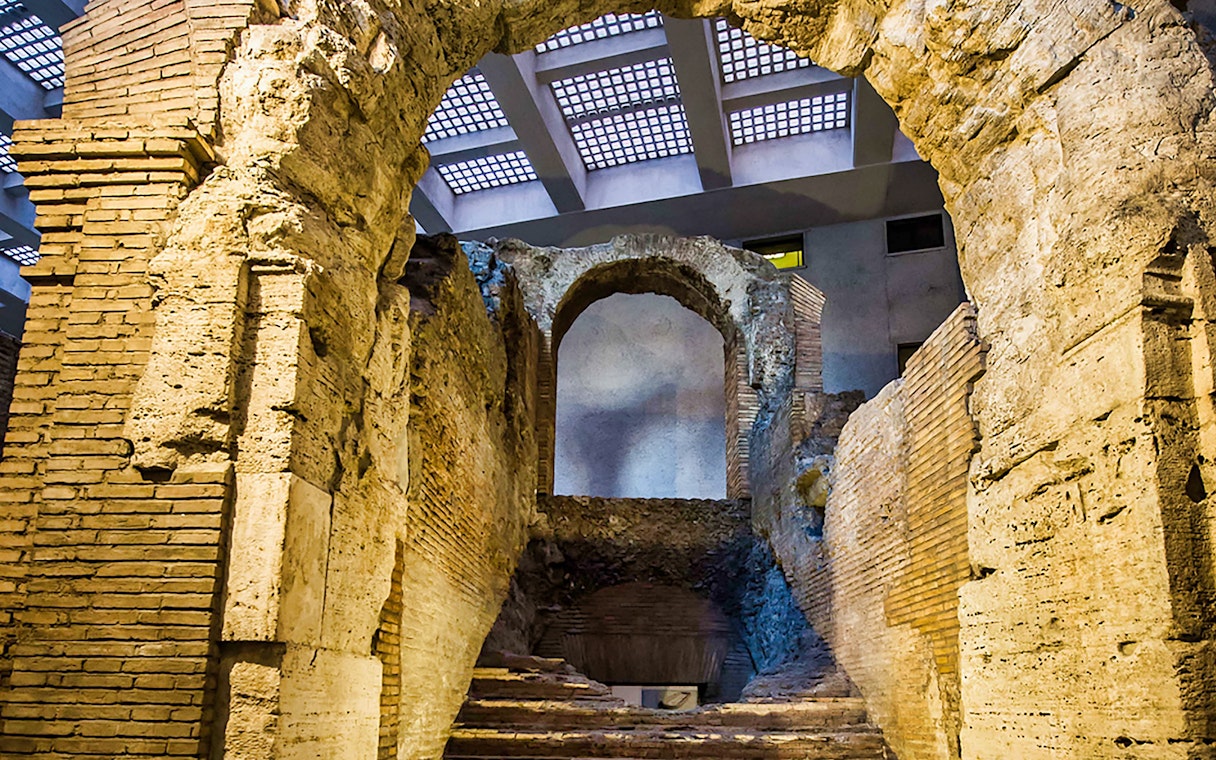 Ancient Roman ruins in the underground area of Navona Square, Rome.
