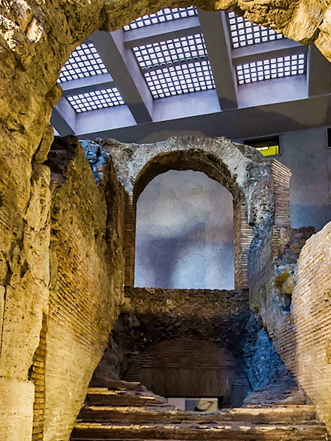 Ancient Roman ruins in the underground area of Navona Square, Rome.