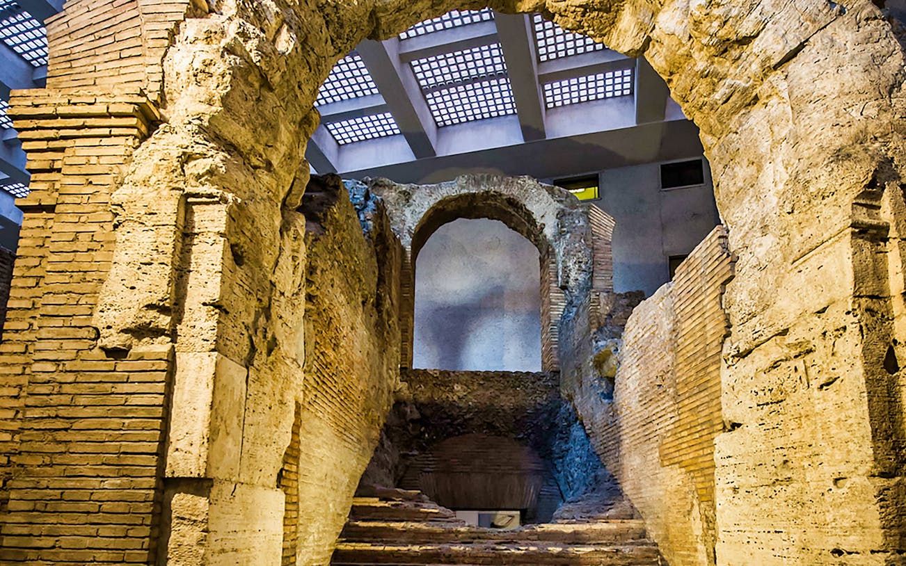 Ancient Roman ruins in the underground area of Navona Square, Rome.