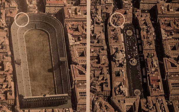 Aerial view of ancient Roman stadium and modern Navona Square in Rome.