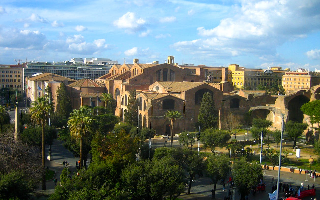 Caracalla Baths and Diocletian Baths in Rome with surrounding gardens.