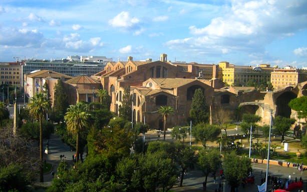 Caracalla Baths and Diocletian Baths in Rome with surrounding gardens.