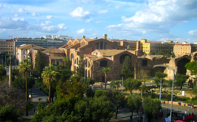 Caracalla Baths and Diocletian Baths in Rome with surrounding gardens.