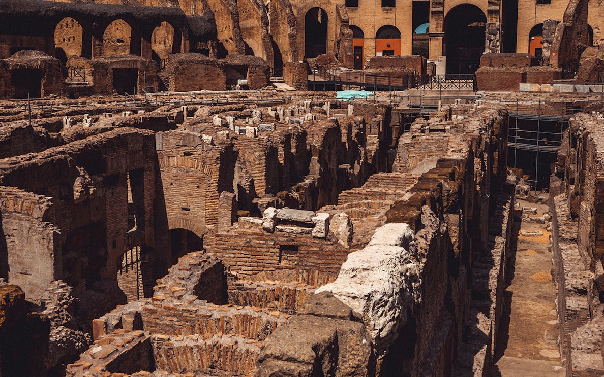 Ancient ruins of Crypta Balbi in Rome, showcasing historical architecture and archaeological site.
