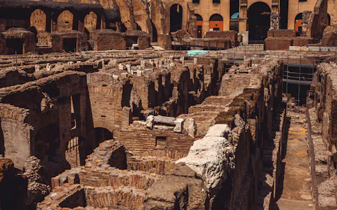 Ancient ruins of Crypta Balbi in Rome, showcasing historical architecture and archaeological site.