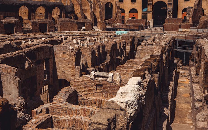 Ancient ruins of Crypta Balbi in Rome, showcasing historical architecture and archaeological site.