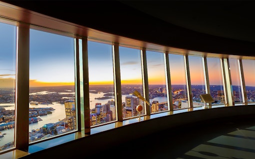 View of Sydney skyline and harbor from Sydney Tower Buffet Rotating Restaurant.