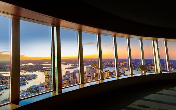 View of Sydney skyline and harbor from Sydney Tower Buffet Rotating Restaurant.